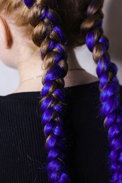 Chica Con Peinado Hecho Dos Trenzas Color Sobre Fondo Blanco — Foto de Stock