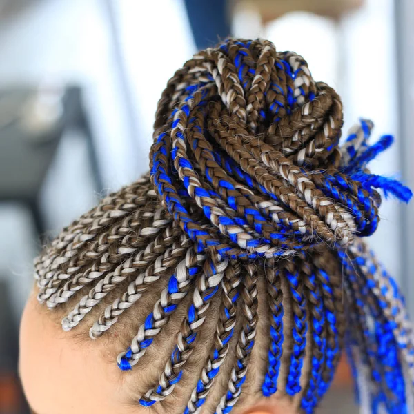 Pigtails Finos Coletados Cauda Cabelo Azul Estilo Africano — Fotografia de Stock