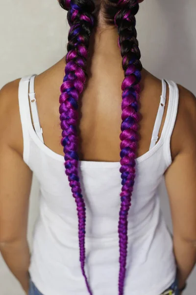 Due Spighette Capelli Colorati Trecce Pugilato Lavoro Primo Piano Una — Foto Stock