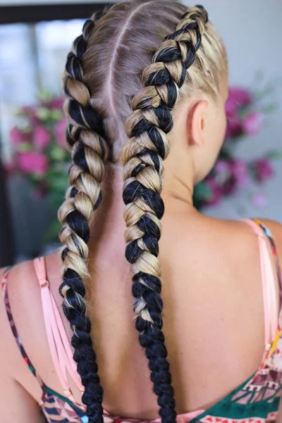 Dos Gruesas Trenzas Cabello Artificial Peinado Juvenil — Foto de Stock