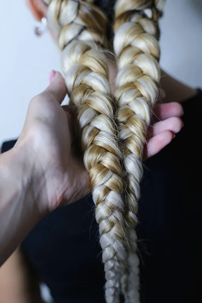 Deux Tresses Épaisses Cheveux Artificiels Jeune Coiffure Coloré — Photo