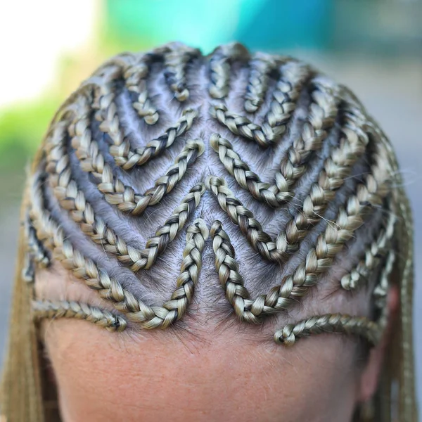 Close Cabelo Trançado Tranças Cabeça Menina Cabelo Loiro — Fotografia de Stock