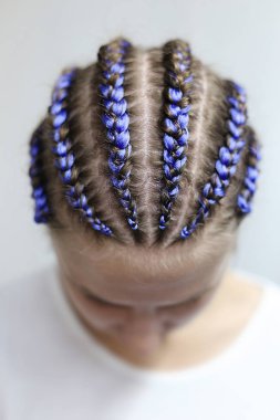 Beyaz arka plan, mor at kuyruklu bir kız yakın çekim Başkanı