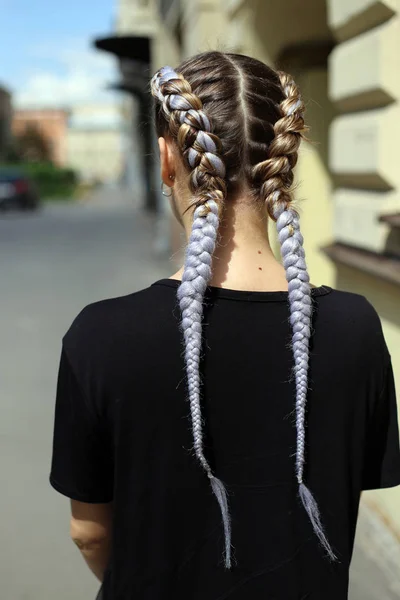 Duas Tranças Contra Pano Fundo Cidade Penteado — Fotografia de Stock