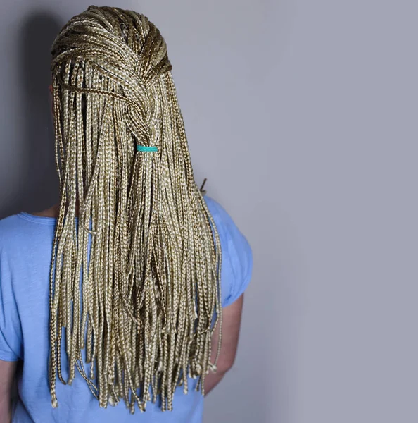 Many African Thin Braids Braided Head Blond Girl — Stock Photo, Image