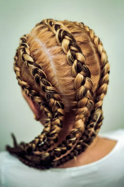 Ragazza Con Taglio Capelli Due Trecce Uno Sfondo Bianco Trecce — Foto Stock