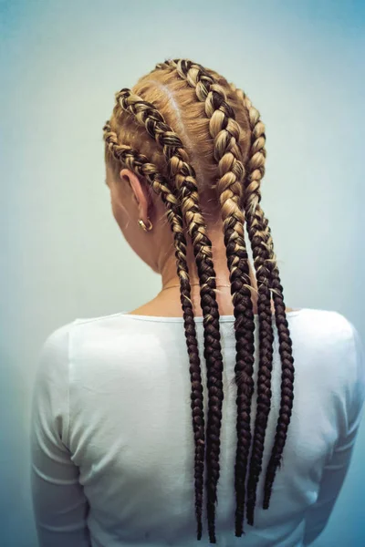 Girl Haircut Two Pigtails White Background Braids Kanekalon — Stock Photo, Image