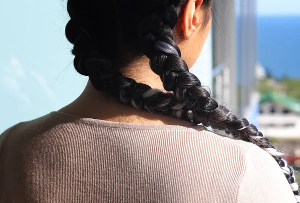 Girl Haircut Two Pigtails White Background Braids Kanekalon — Stock Photo, Image