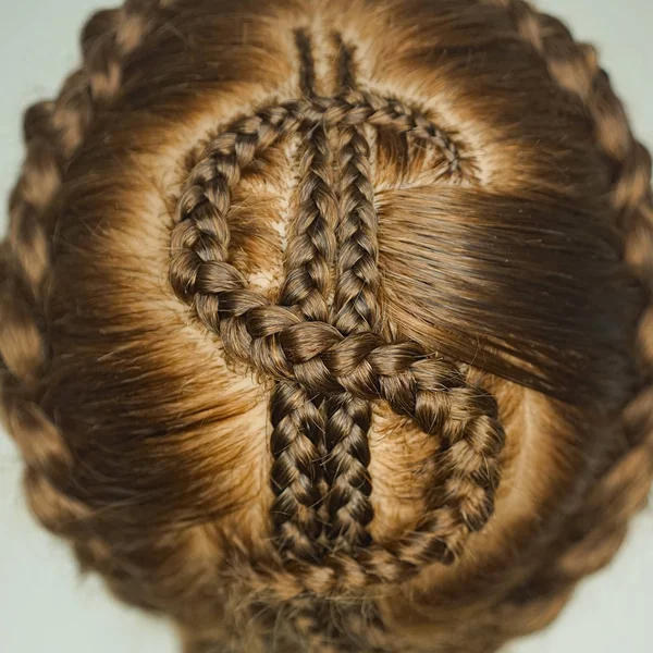 dollar pigtails, pigtails braided in the form of a dollar sign, original hairstyle, hair drawing, texture, close-up, shape