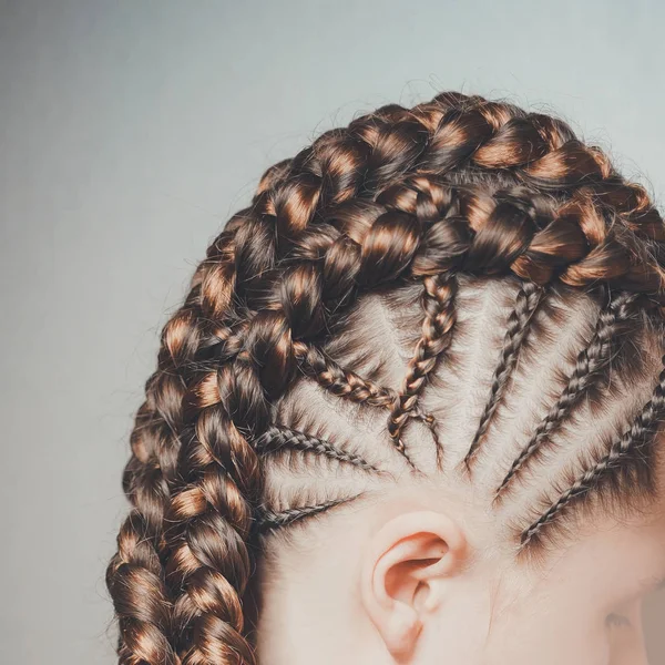 Female pigtails, Senegalese braid braid, kanekalon, afrokosy, pigtails on the temple, creative youth hairstyle — Stock Photo, Image