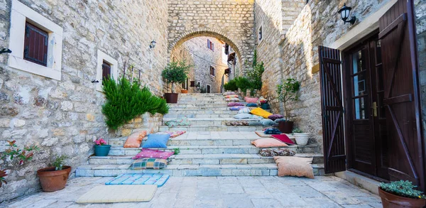 Stairs Pillows Stone Arch Ulcinj Old Town Montenegro Banner Panoramic — Stock Photo, Image