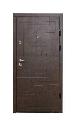 Ahşap kapı beyaz arka plan izole kapalı. Kapalı bir kapı görüntüsü. Daire girişi. Kahverengi ahşap kaplama ön kapı kilidi ve kolu ile office için. Modern kapı tasarımı.