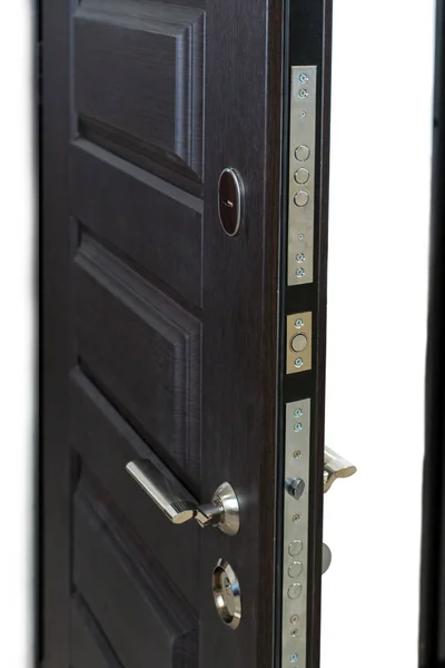 Open Door Door Lock Dark Brown Door Closeup Modern Interior — Stock Photo, Image