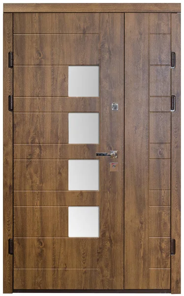 Closed wooden door isolated at white background. Image of a closed door. Entrance to apartment. Brown wood veneer front door for office, with lock and handle. Modern Door design.