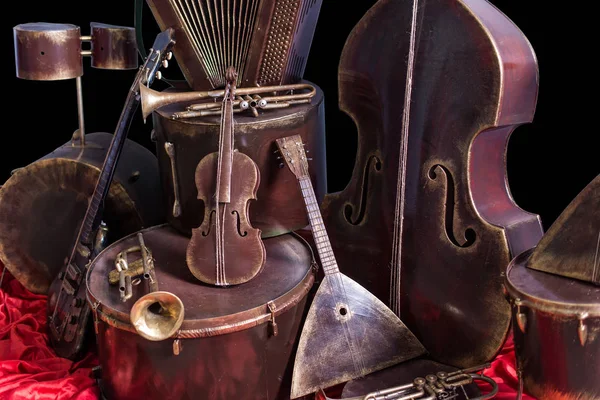 Instrumentos Musicales Antiguos Época Sobre Fondo Negro Instrumento Música Clásica — Foto de Stock