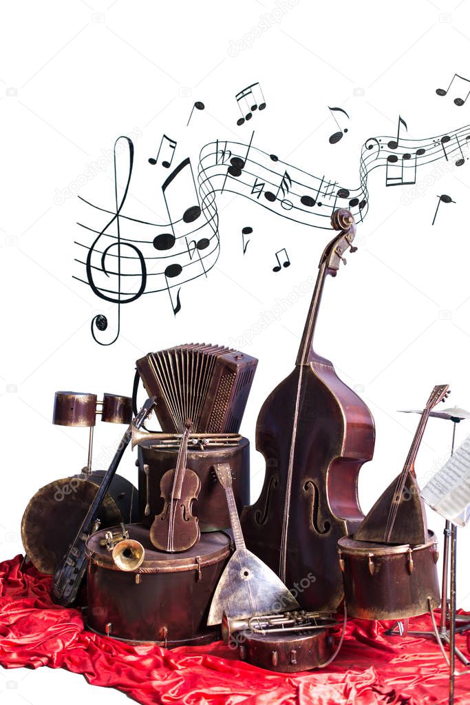 Old vintage musical instruments on a white background. Classical music instrument