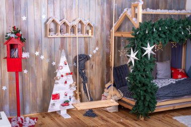 Noel şenlikli süsleri, Noel ev oda. Çocuk odası, yeni yıl