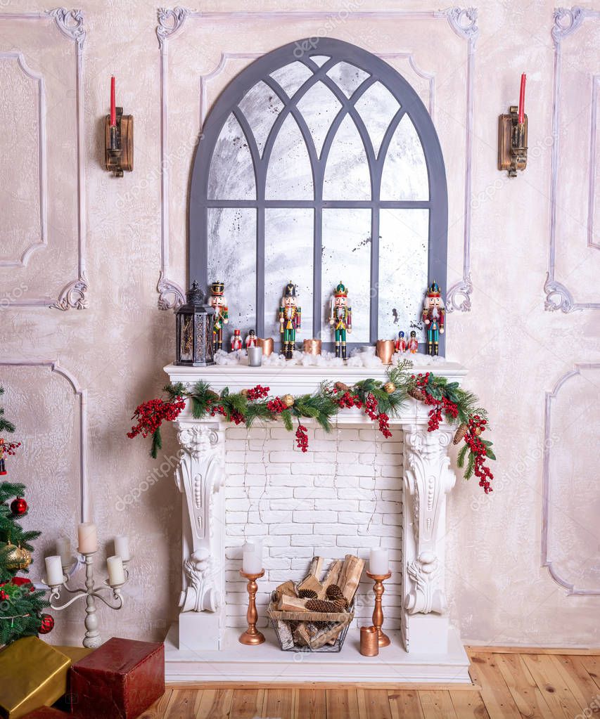 Beautiful holiday decorated room with Christmas tree, fireplace and with presents. Cozy winter scene. White interior. Christmas Nutcracker