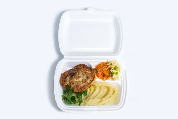 Almoço Pronto Almoço Descartável Plástico Uma Caixa Comida Branca Almoço — Fotografia de Stock