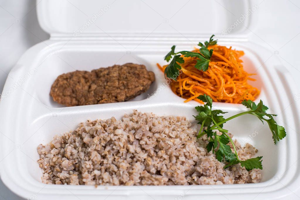 lunch box set. Disposable plastic lunch box. A white food box, lunch, fast food, isolated on white background