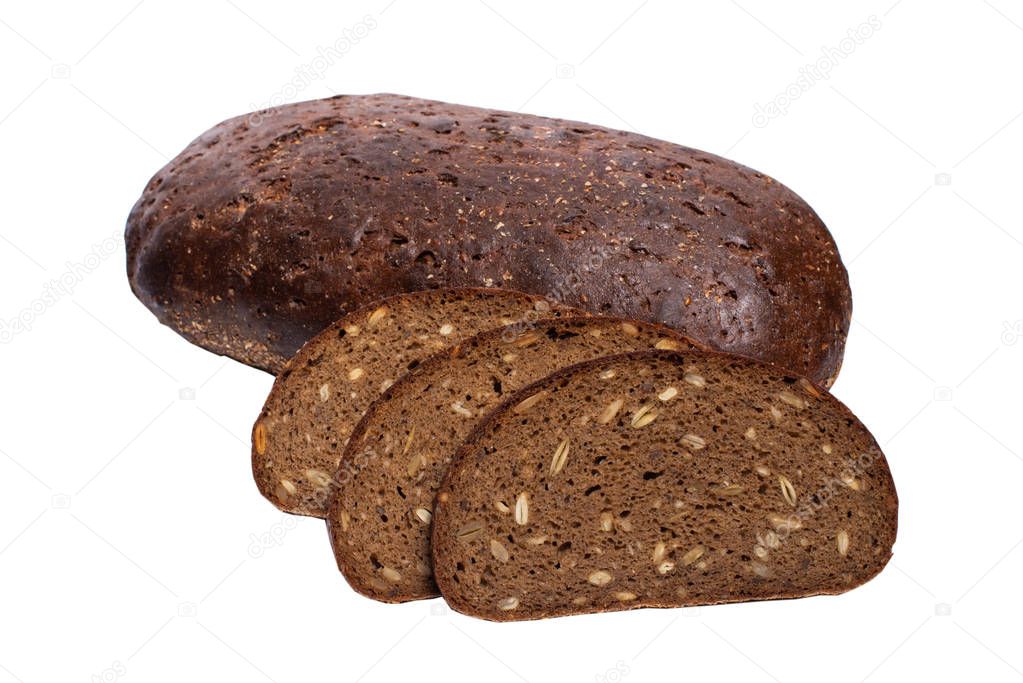 Rye bread with seeds, whole grain bread on white background