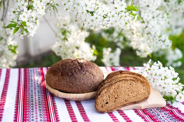 Pão de centeio em uma tábua de madeira contra um fundo de com ramos de cereja florescentes. pão fresco em um contexto de árvores florescentes — Fotografia de Stock