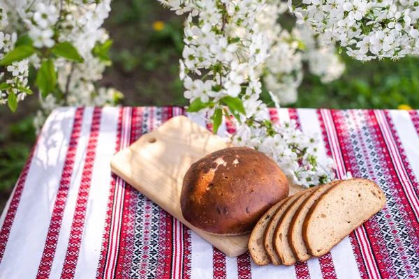 Chleb żytni na drewnianej płycie na tle kwitnących gałęzi wiśni. świeży chleb na tle kwitnących drzew — Zdjęcie stockowe