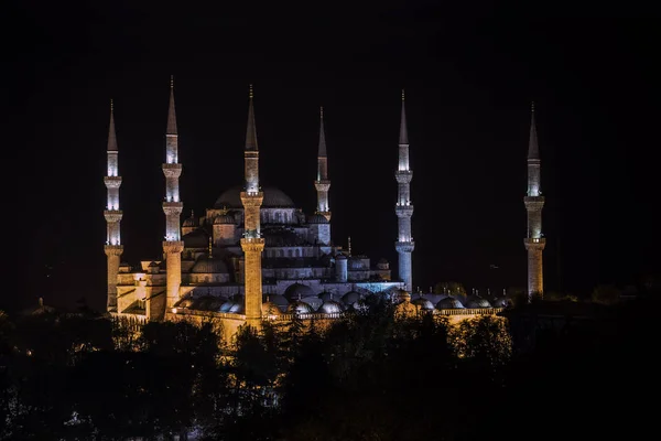 Νυχτερινή Άποψη Του Μιναρέ Έξι Μπλε Τζαμί Της Οθωμανικής Αρχιτεκτονικής — Φωτογραφία Αρχείου