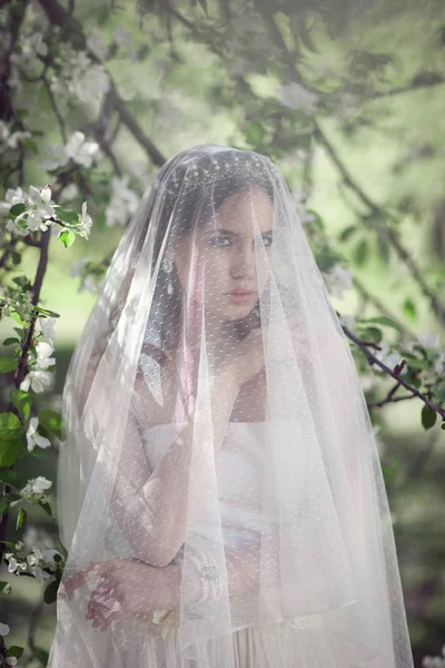 Hermosa joven novia en un jardín floreciente — Foto de Stock