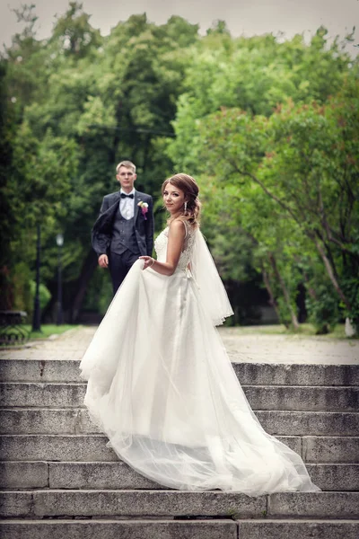 La novia y el novio en las escaleras. Recién casados — Foto de Stock