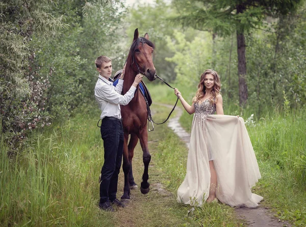 Love story. Two lovers in the forest. Photo with a horse — Stock Photo, Image