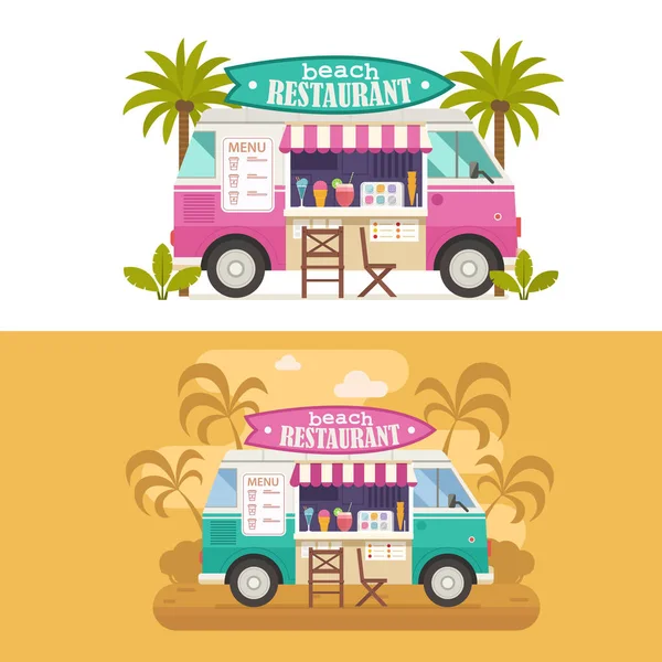 沙滩餐厅食品面包车 — 图库矢量图片
