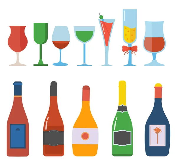 Conjunto de botellas y vasos de alcohol — Archivo Imágenes Vectoriales