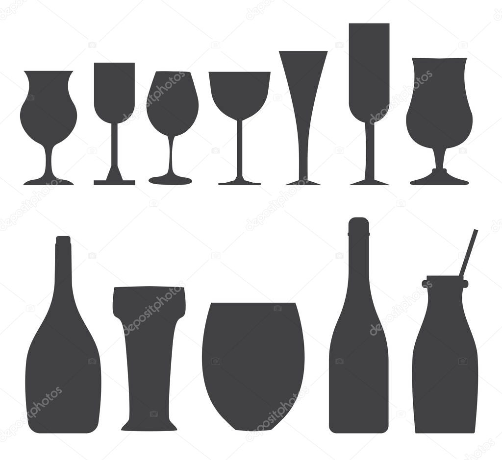 Alcohol bottles and glasses silhouettes. Celebration goblets, cocktails and alco drinks icons in monochrome.