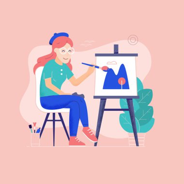 oung kadın ressam çizim resim tuval üzerine