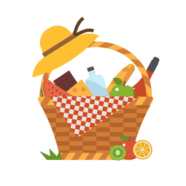 Cesta romántica de picnic con vino y comida — Vector de stock