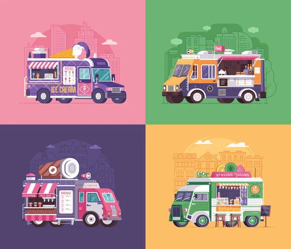 Caminhões e furgões de comida de rua — Vetor de Stock