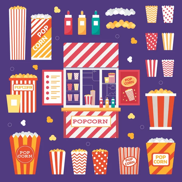 Popcorn Icons with Vintage Kiosk and Boxes — Stock Vector