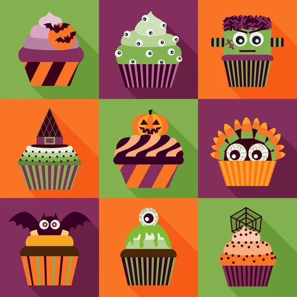 Cupcakes de Halloween ícones de sombra longa — Vetor de Stock