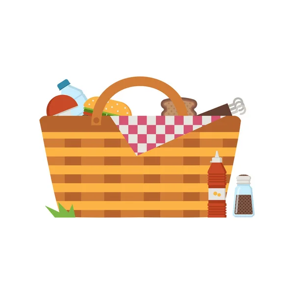 Cesta de picnic de paja con manta — Vector de stock