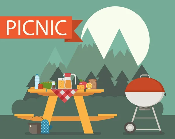 Trä picknickbord på berget bakgrund — Stock vektor