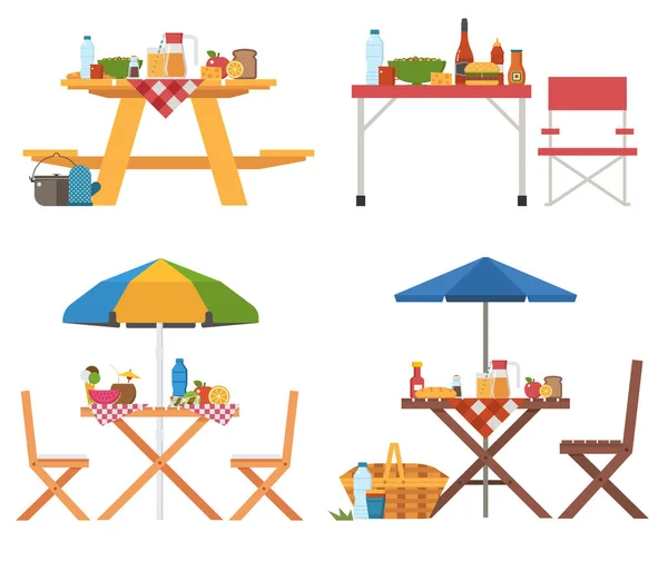 Sammlung von Picknicktischen im Sommer — Stockvektor