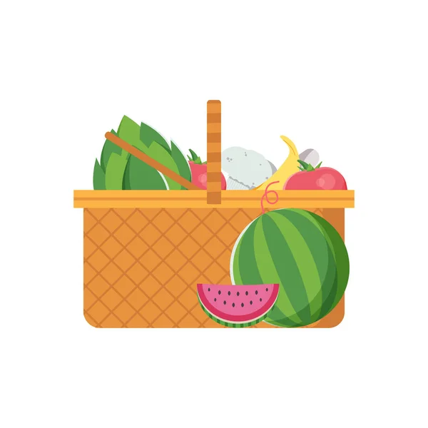 Cesta de verduras de picnic de mimbre — Vector de stock