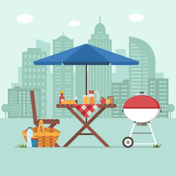 Barbacoa con mesa de picnic sobre fondo de la ciudad — Vector de stock