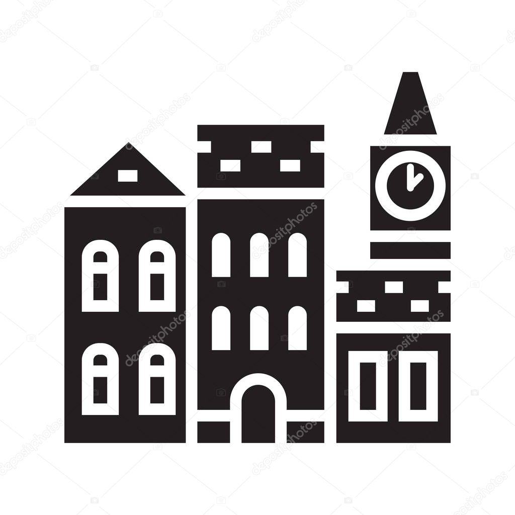 Europe street and house logo. British or german townhouse logotype. Historic town houses emblem. Downtown street outline design.
