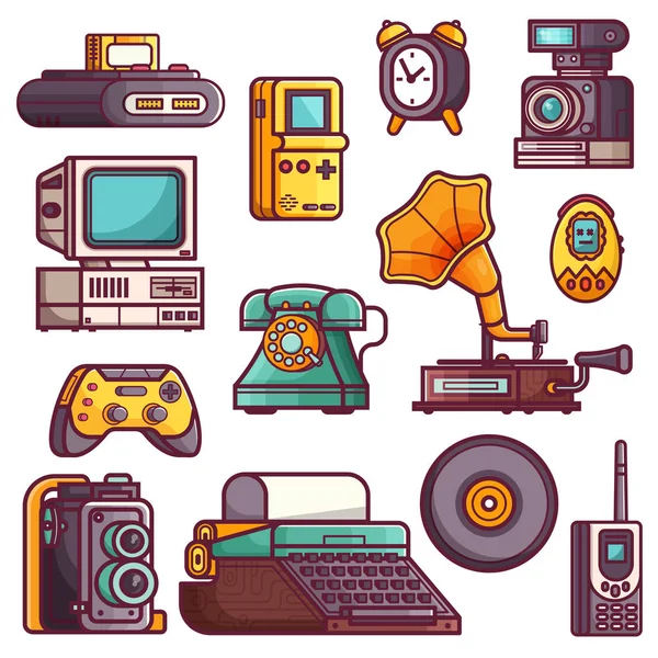 Gadgets Retro y Vintage Tech Iconos — Archivo Imágenes Vectoriales