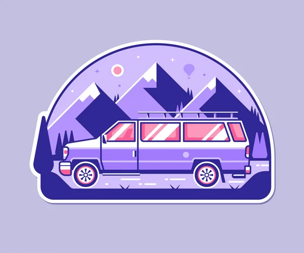 Badge Aventure avec Minivan et Montagnes — Image vectorielle