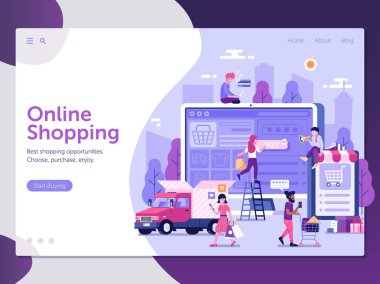 Satın alma ve sipariş verme müşteriler ile online alışveriş açılış sayfası. İnsanlar internette alışveriş ile E-ticaret reklam web banner. Dijital mağaza konsepti UI illüstrasyon düz tasarım.