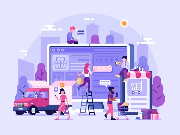 Αγορών εικονογράφηση με τους ανθρώπους που αγοράζουν σε απευθείας σύνδεση μέσω Διαδικτύου — Διανυσματικό Αρχείο