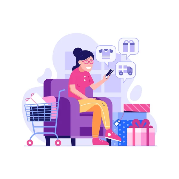 Chica feliz de compras en línea en casa — Vector de stock